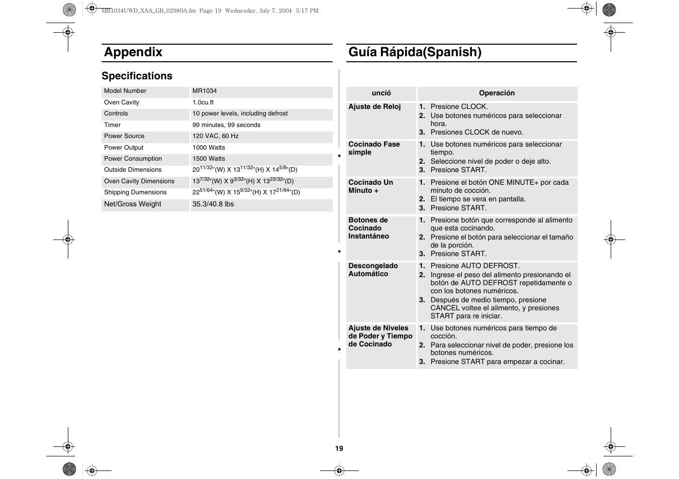 Appendix, Guía rápida(spanish), Specifications | Creda MR1034 User Manual | Page 19 / 20