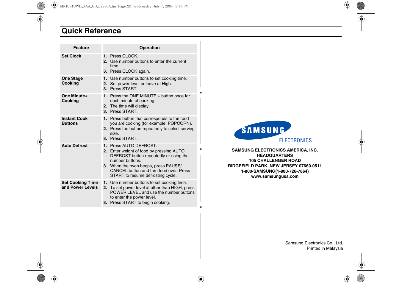 Quick reference | Creda MR1034 User Manual | Page 20 / 20