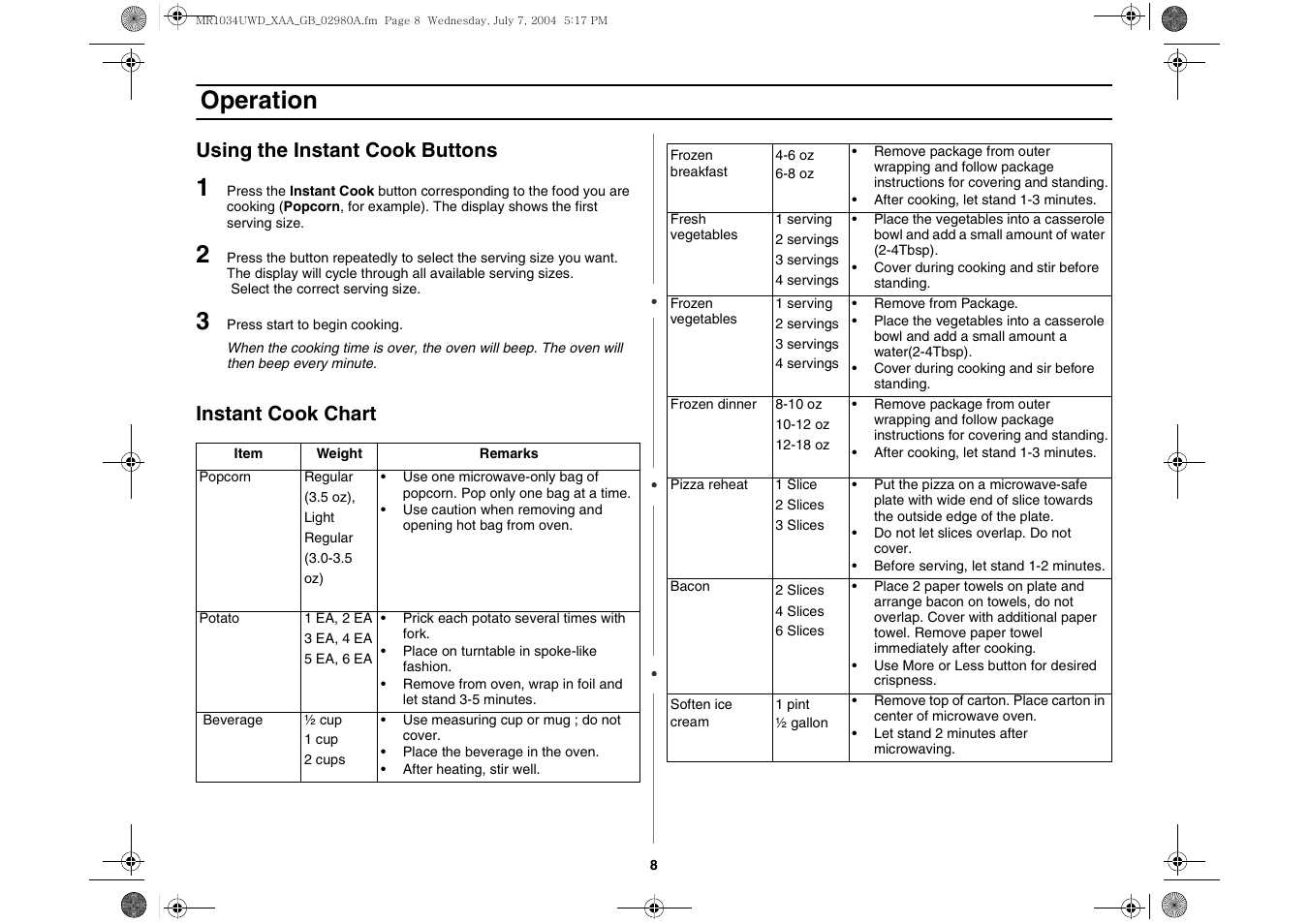 Operation, Using the instant cook buttons, Instant cook chart | Creda MR1034 User Manual | Page 8 / 20