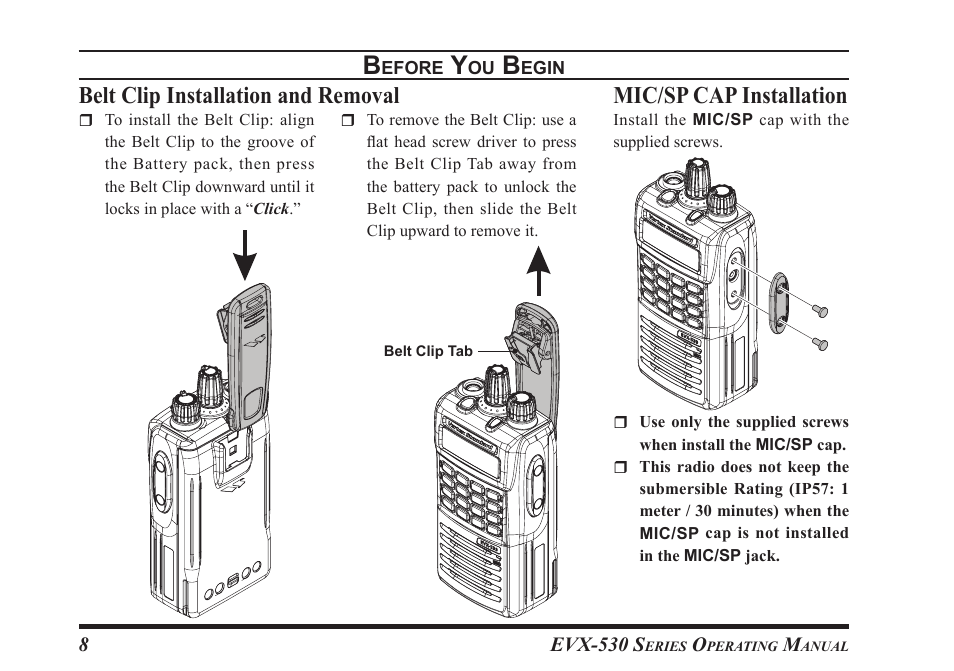 Belt clip installation and removal, Mic/sp cap installation | Vertex Standard eVerge EVX-531 User Manual | Page 10 / 48