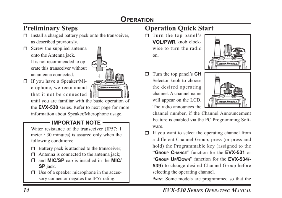 Preliminary steps, Operation quick start, Evx-530 s | Vertex Standard eVerge EVX-531 User Manual | Page 16 / 48