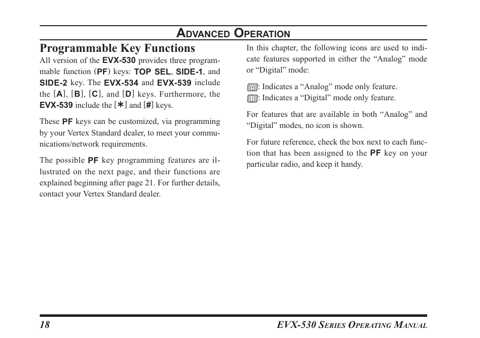 Programmable key functions | Vertex Standard eVerge EVX-531 User Manual | Page 20 / 48