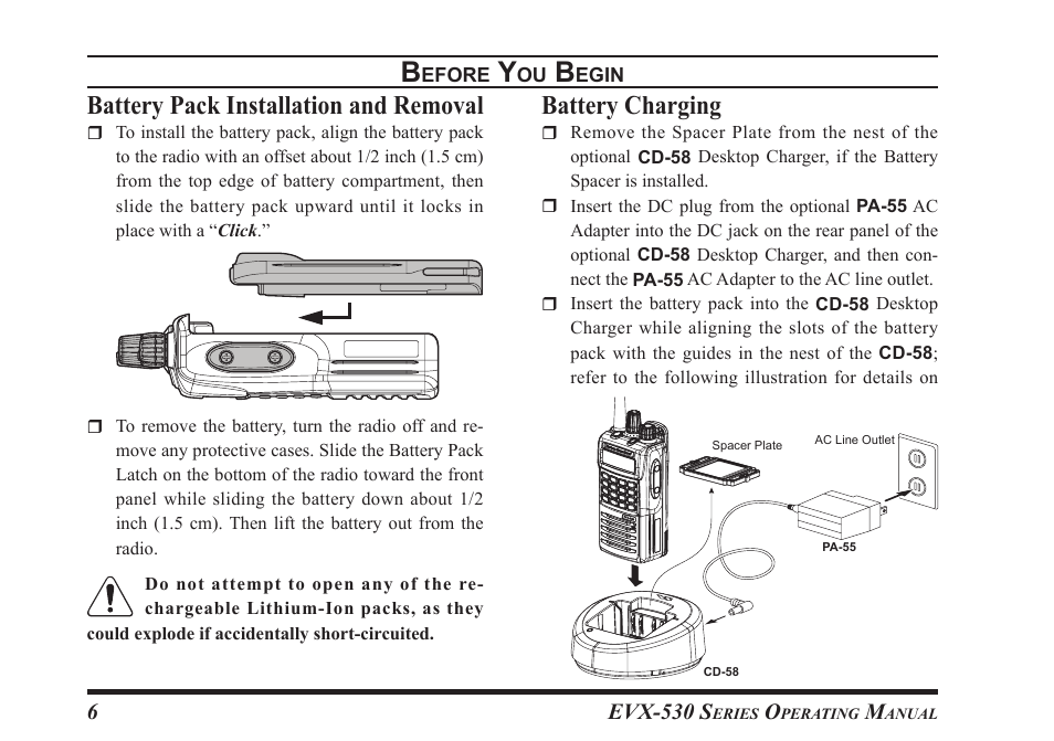 Battery pack installation and removal, Battery charging | Vertex Standard eVerge EVX-531 User Manual | Page 8 / 48