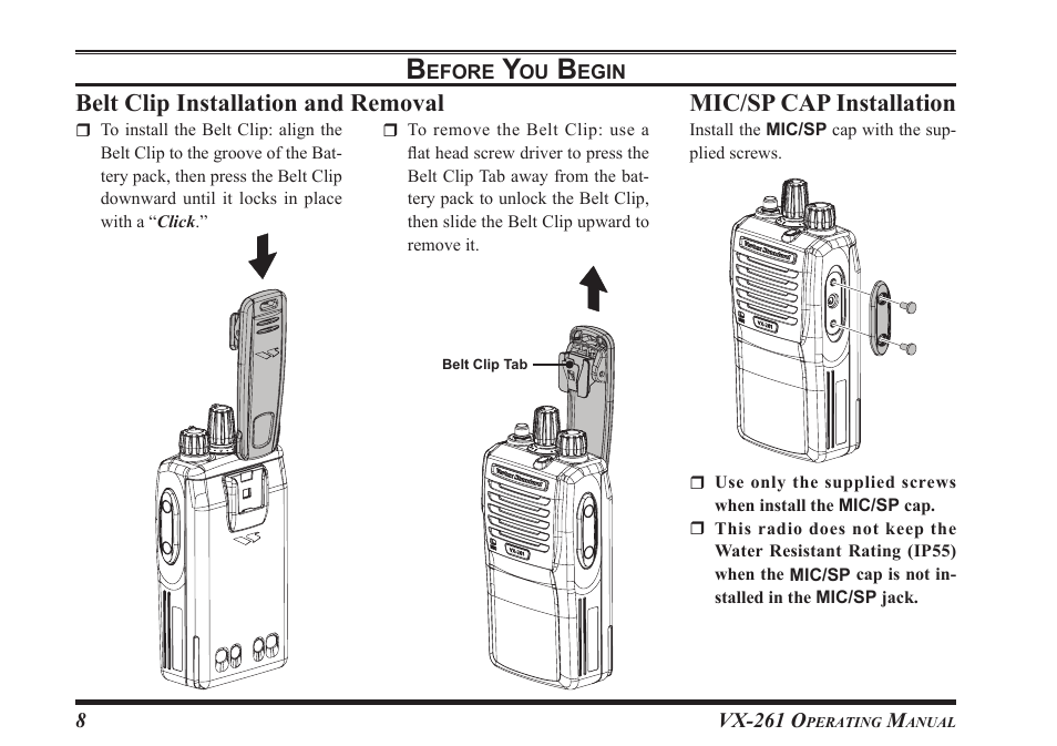 Belt.clip.installation.and.removal, Mic/sp.cap.installation | Vertex Standard VX-261 User Manual | Page 10 / 24