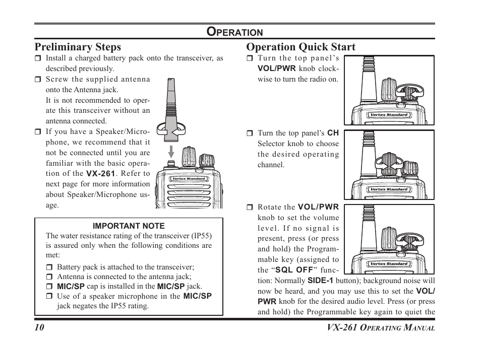 Preliminary.steps, Operation.quick.start | Vertex Standard VX-261 User Manual | Page 12 / 24