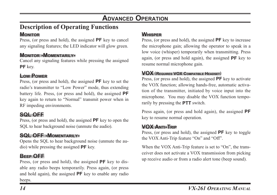 Description.of.operating.functions | Vertex Standard VX-261 User Manual | Page 16 / 24