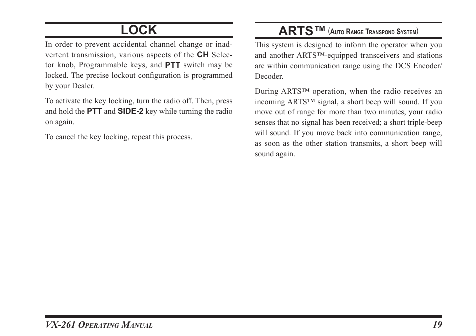 Lock, Arts | Vertex Standard VX-261 User Manual | Page 21 / 24
