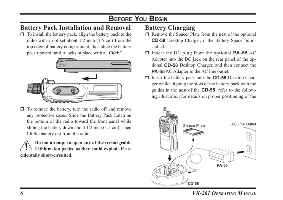 Battery.pack.installation.and.removal, Battery.charging | Vertex Standard VX-261 User Manual | Page 8 / 24