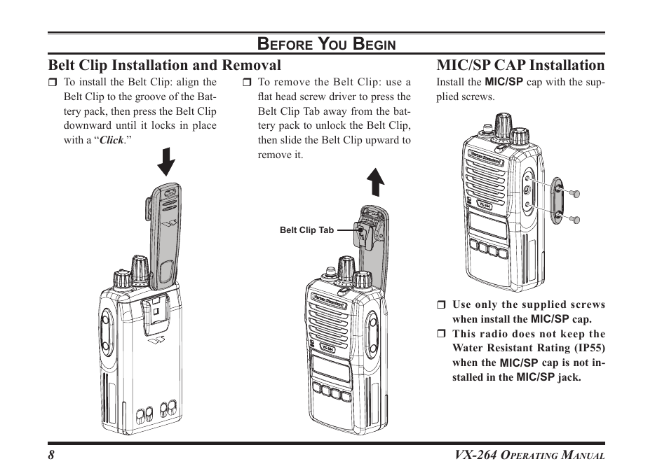 Belt.clip.installation.and.removal, Mic/sp.cap.installation | Vertex Standard VX-264 User Manual | Page 10 / 32