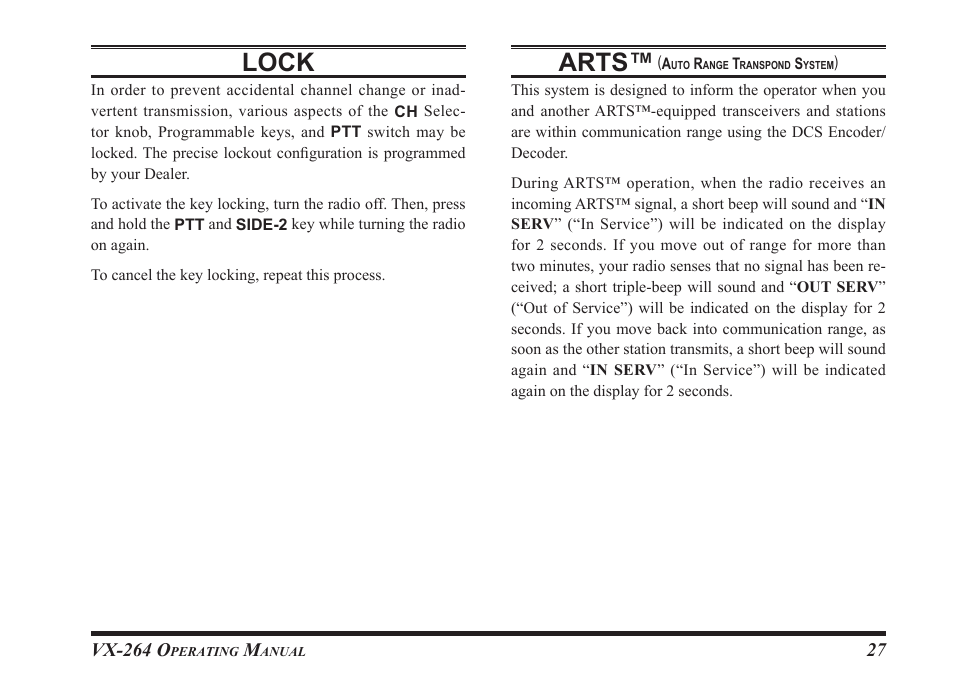 Lock, Arts | Vertex Standard VX-264 User Manual | Page 29 / 32