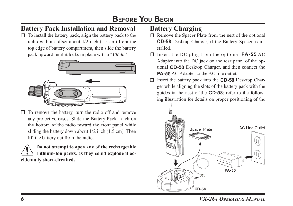 Battery.pack.installation.and.removal, Battery.charging | Vertex Standard VX-264 User Manual | Page 8 / 32
