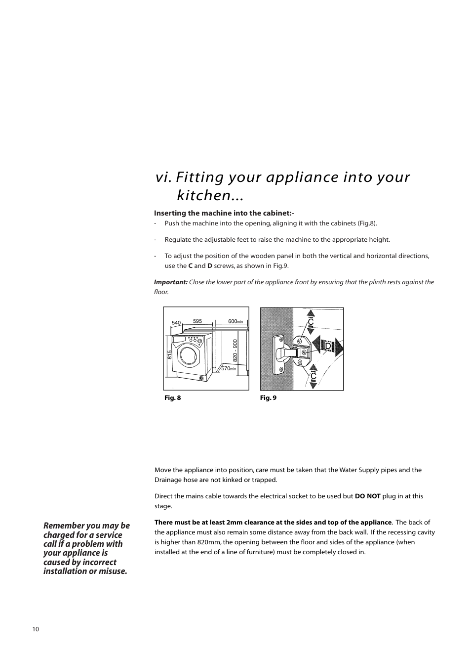 Vi. fitting your appliance into your kitchen | Creda IWM12 User Manual | Page 10 / 24