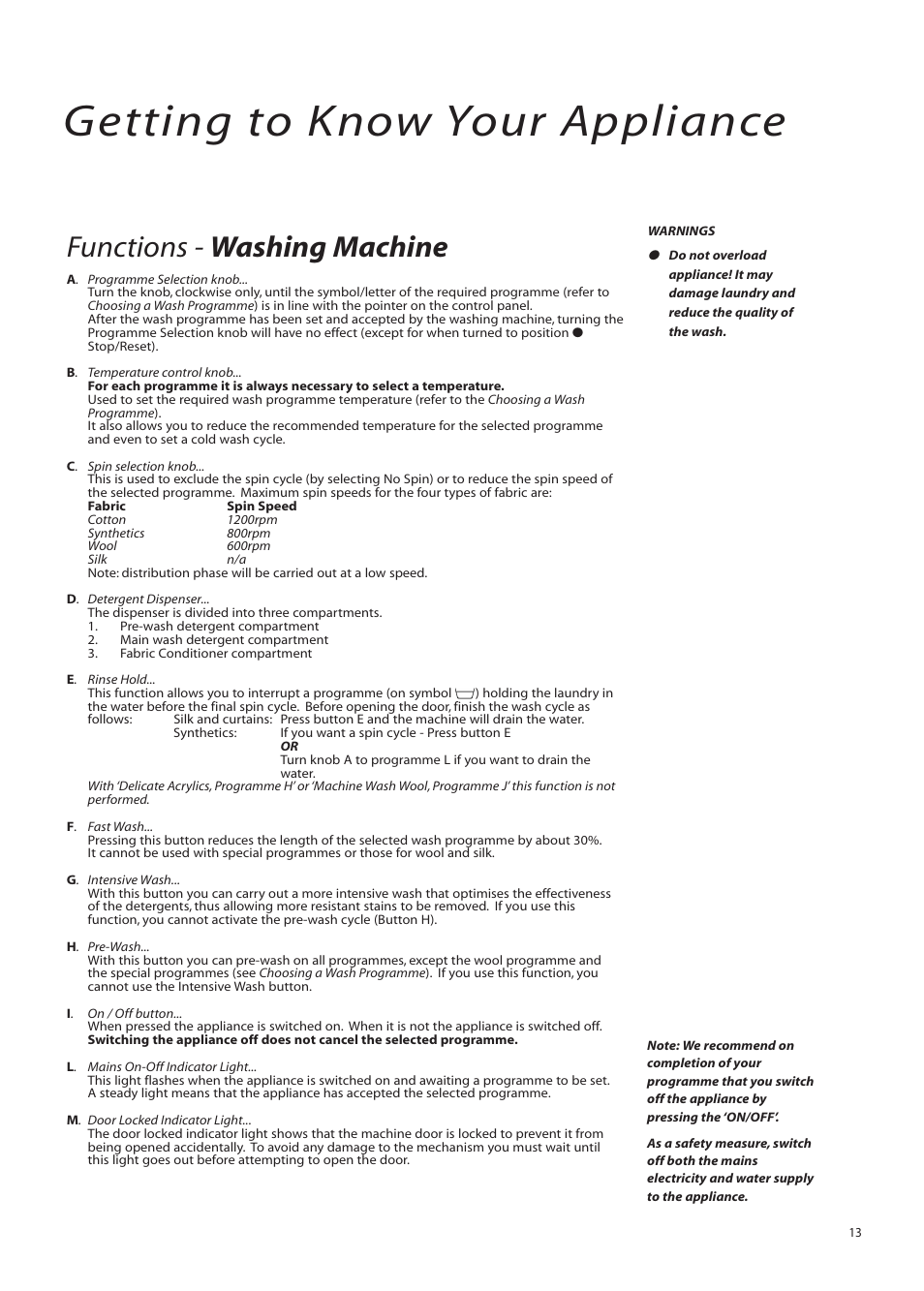 Getting to know your appliance, Functions - washing machine | Creda IWM12 User Manual | Page 13 / 24