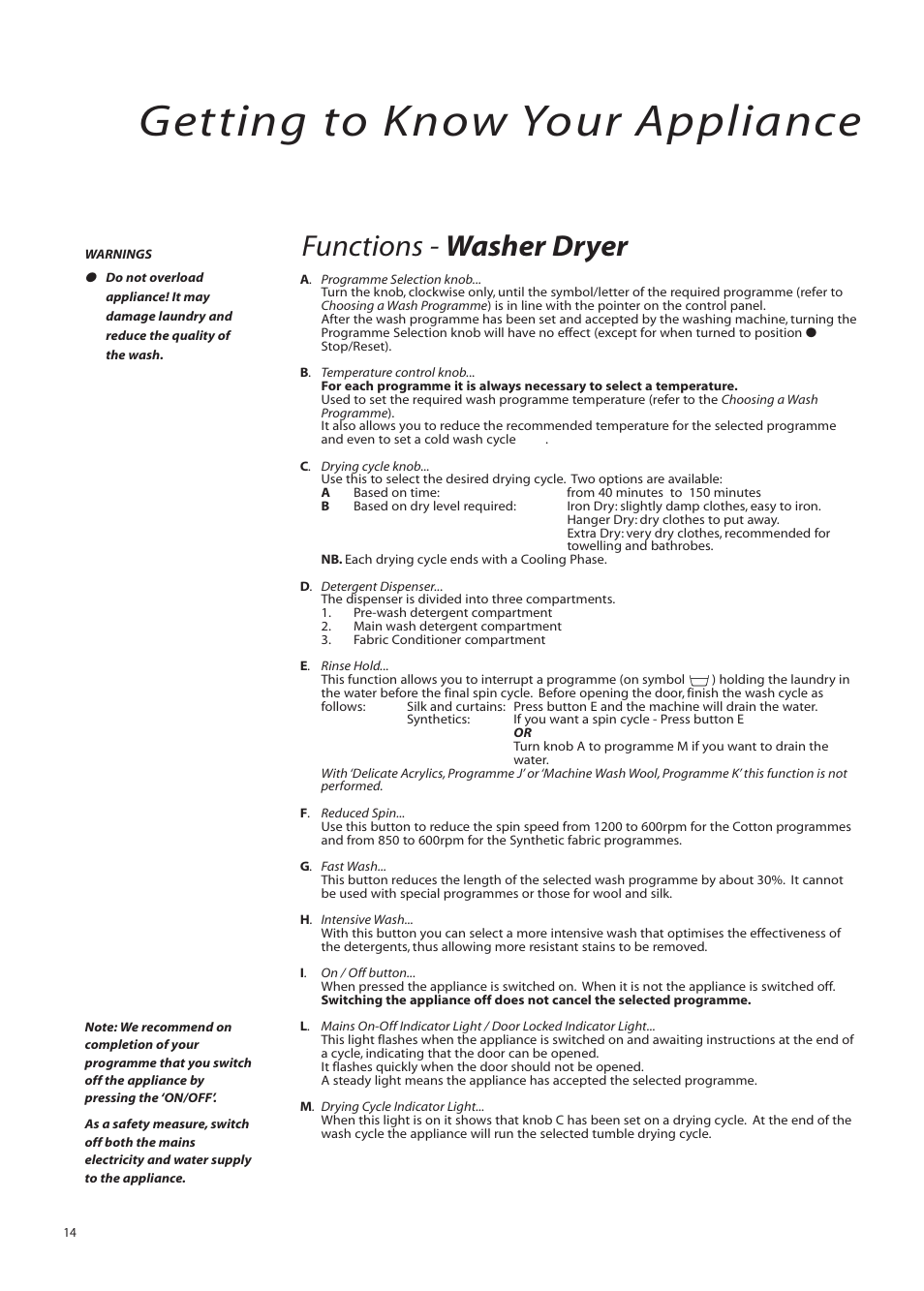 Getting to know your appliance, Functions - washer dryer | Creda IWM12 User Manual | Page 14 / 24