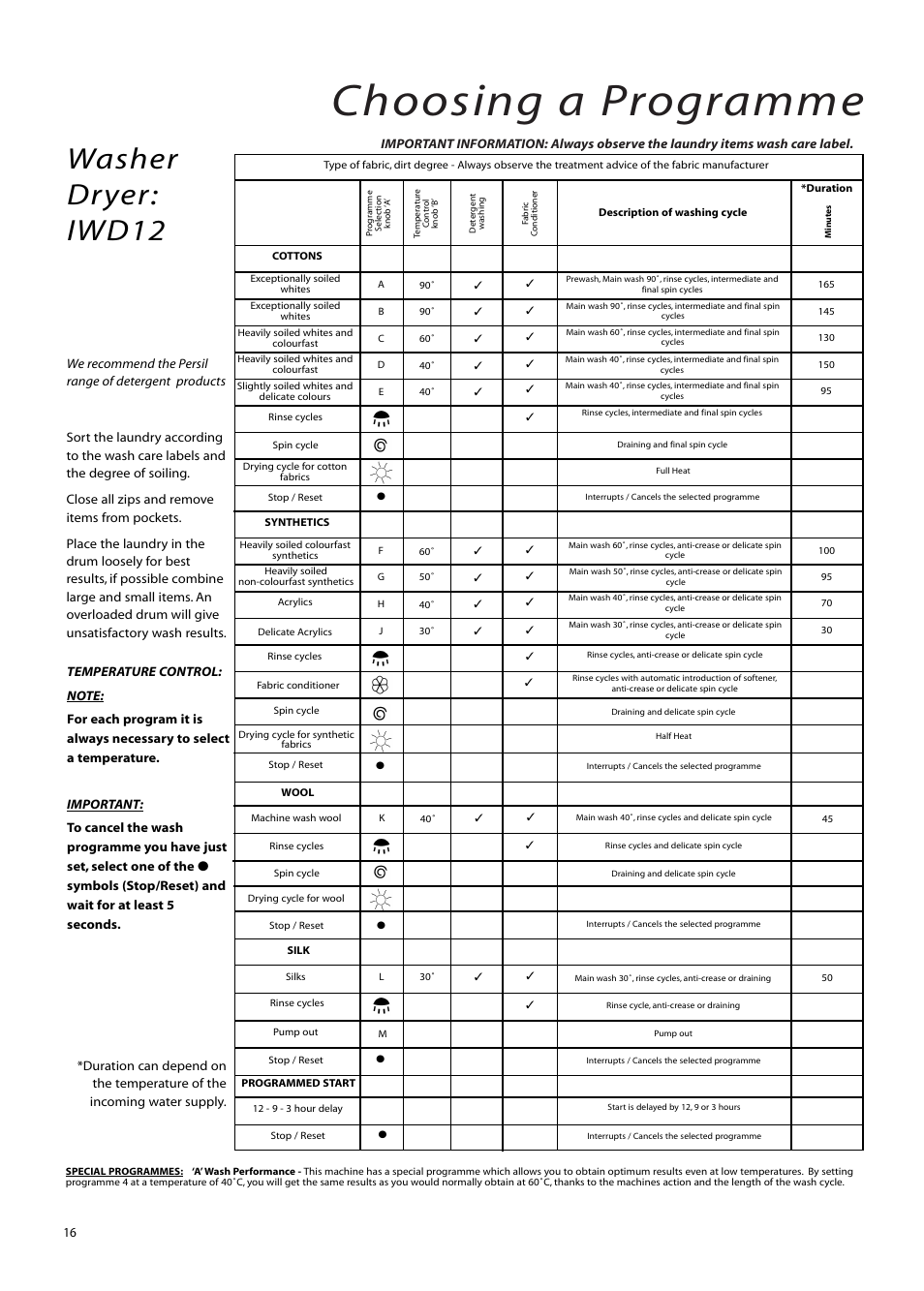 Choosing a programme, Washer dryer: iwd12 | Creda IWM12 User Manual | Page 16 / 24