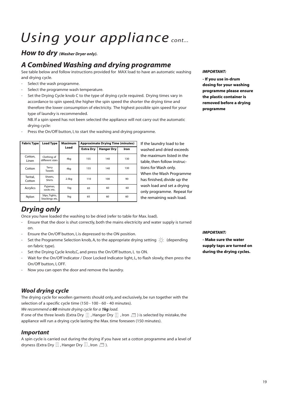 Using your appliance, How to dry, A combined washing and drying programme | Drying only, Wool drying cycle, Important, Cont | Creda IWM12 User Manual | Page 19 / 24