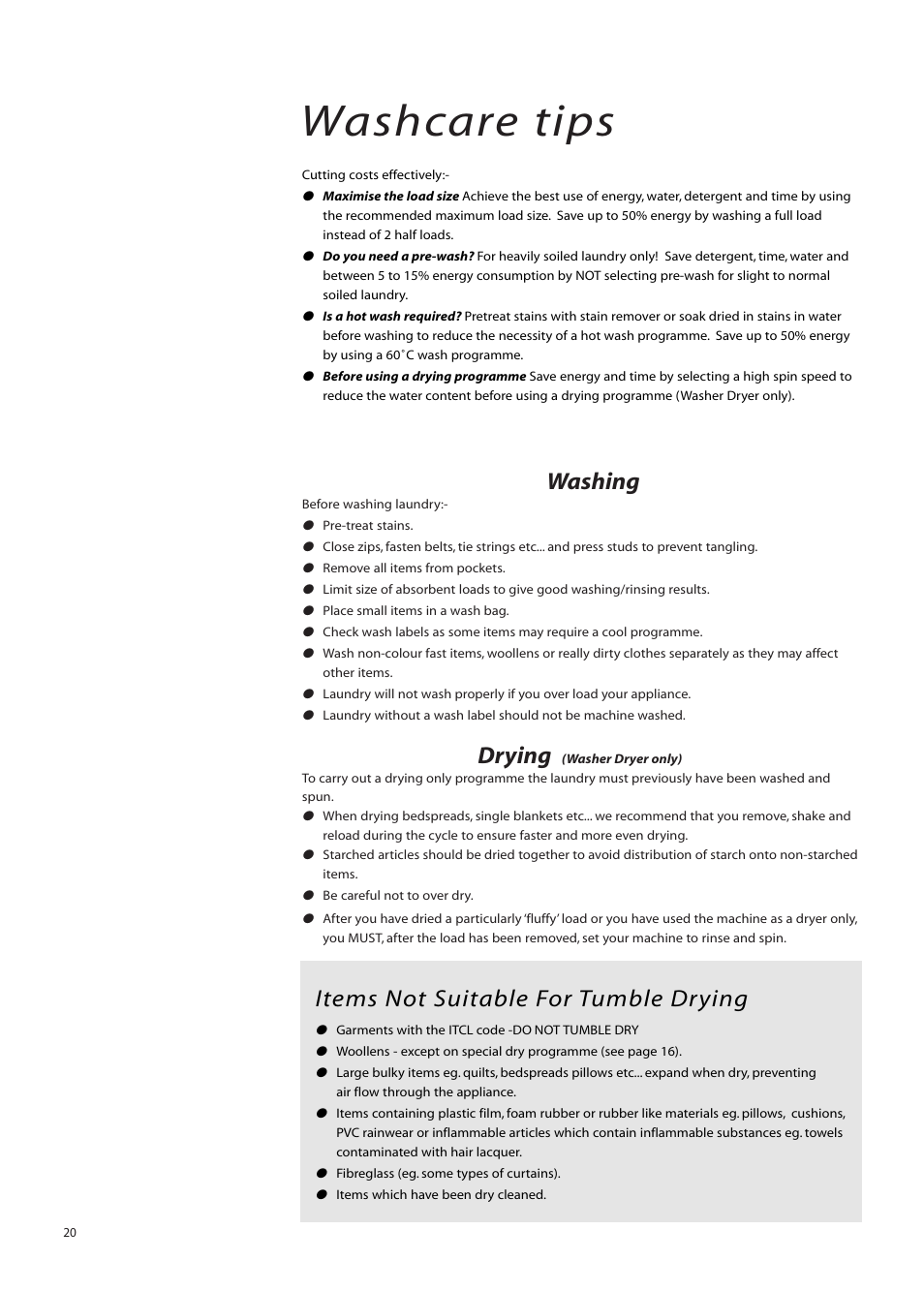 Washcare tips, Washing, Drying | Items not suitable for tumble drying | Creda IWM12 User Manual | Page 20 / 24