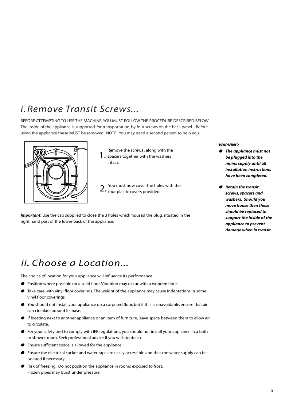 I. remove transit screws, Ii. choose a location | Creda IWM12 User Manual | Page 5 / 24