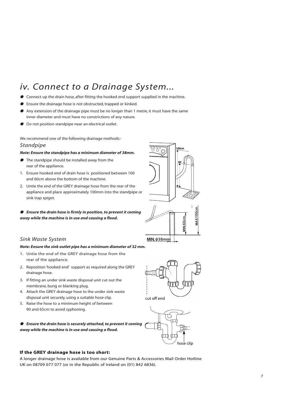Iv. connect to a drainage system, Standpipe, Sink waste system | Creda IWM12 User Manual | Page 7 / 24