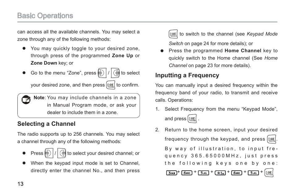 Basic operations, Selecting a channel, Inputting a frequency | Hytera TC-580 User Manual | Page 19 / 48