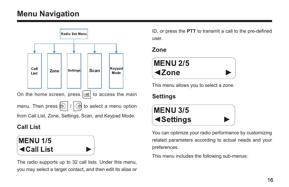 Menu navigation, Menu 2/5 ◄zone, Menu 3/5 ◄settings | Hytera TC-580 User Manual | Page 22 / 48
