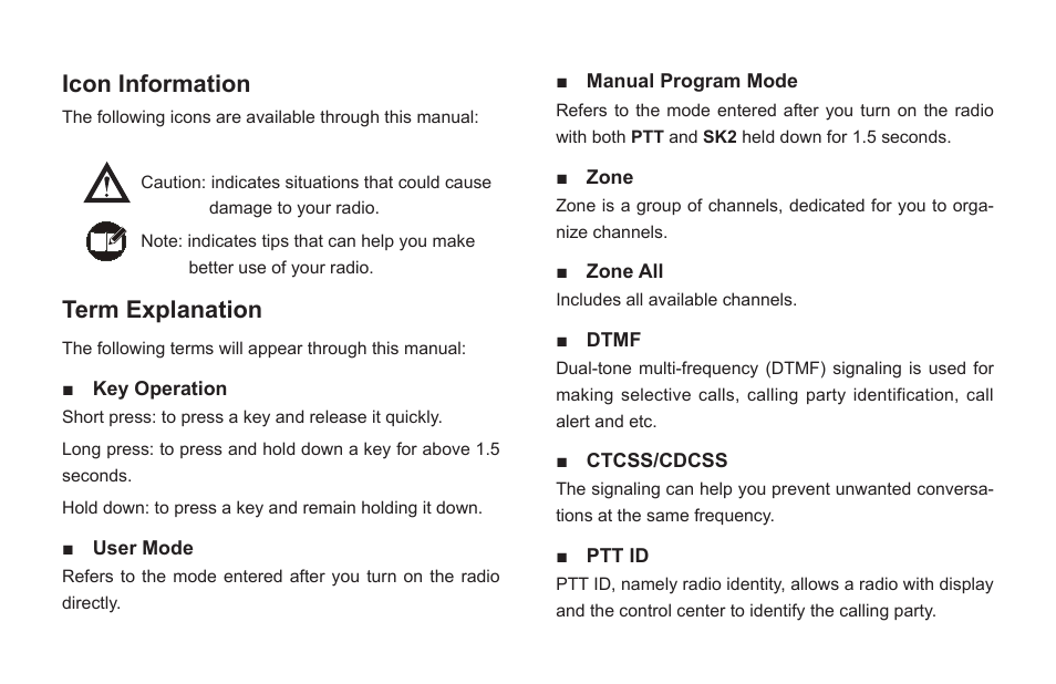 Icon information, Term explanation | Hytera TC-580 User Manual | Page 3 / 48