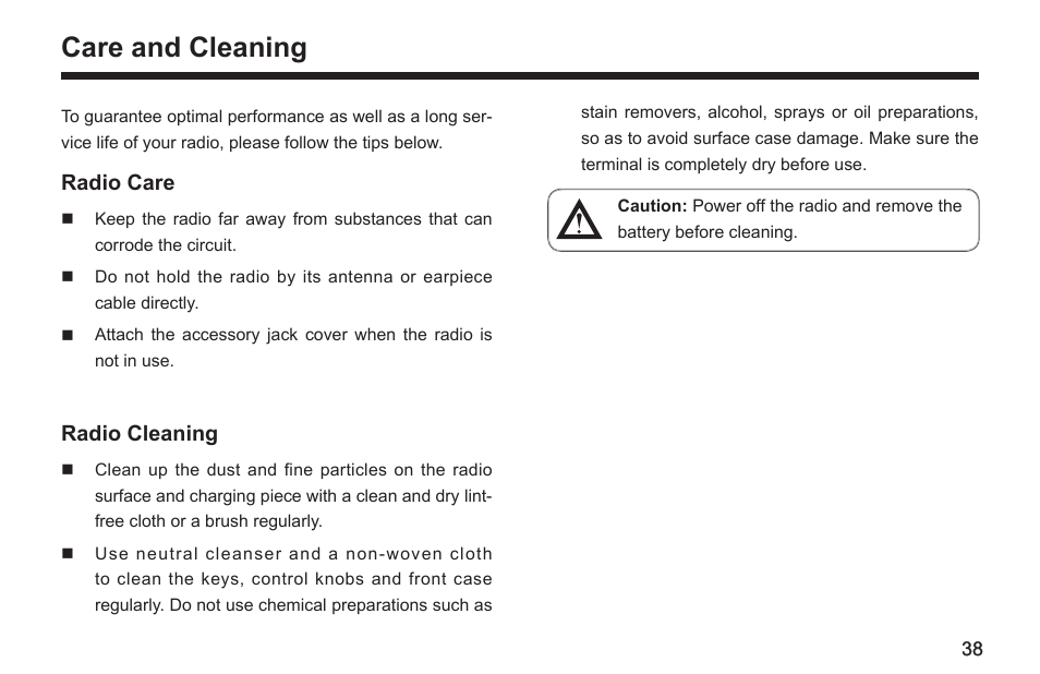 Care and cleaning | Hytera TC-580 User Manual | Page 44 / 48