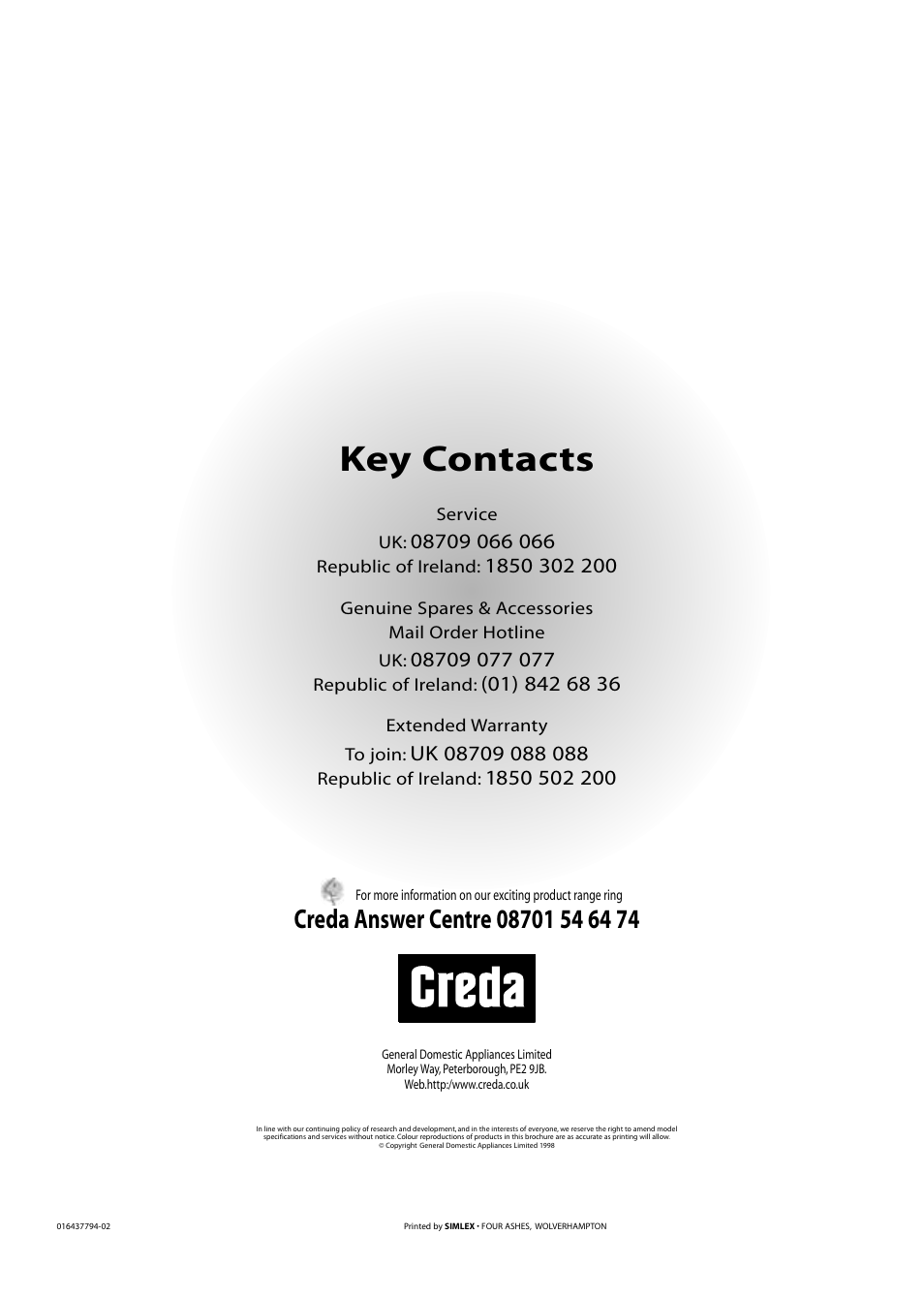 Key contacts | Creda W120VW User Manual | Page 16 / 16