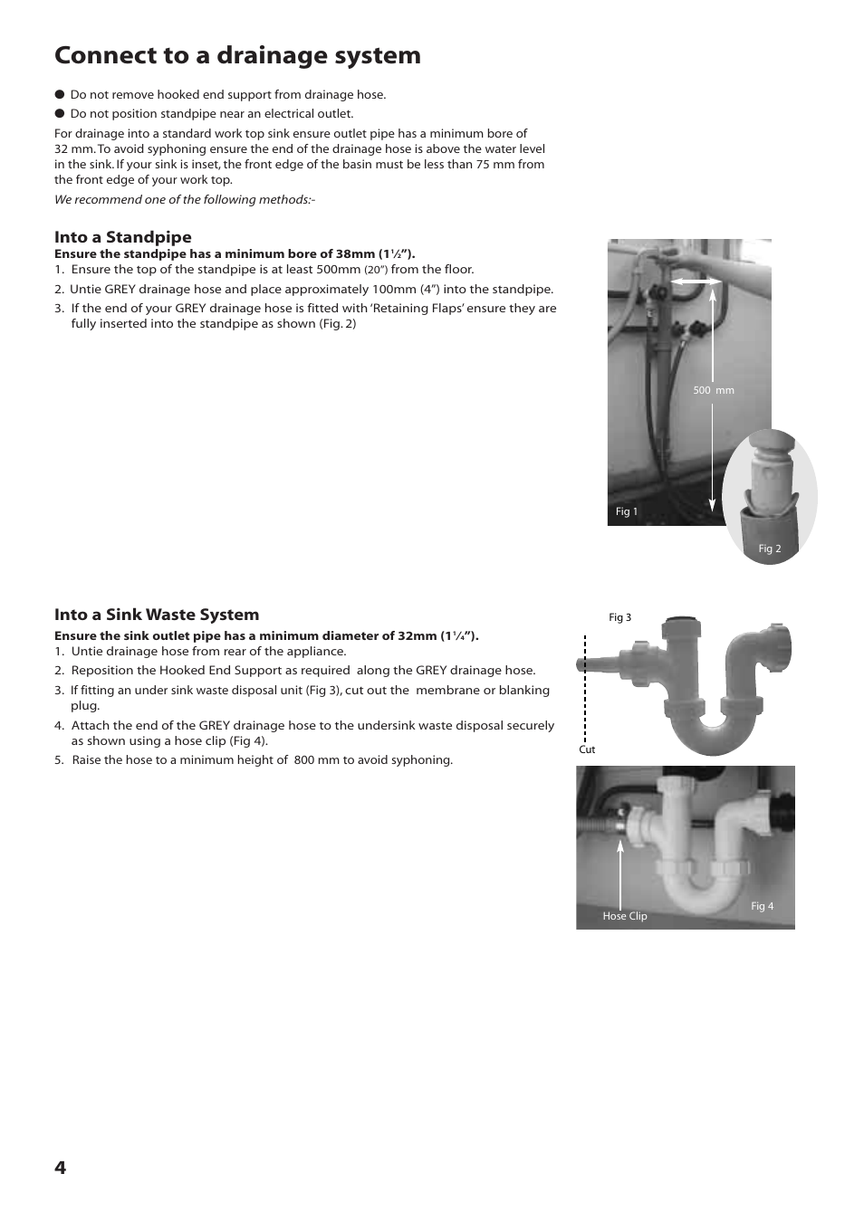 Connect to a drainage system, Into a standpipe, Into a sink waste system | Creda W120VW User Manual | Page 4 / 16