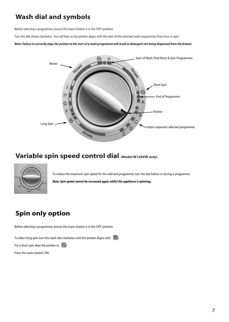 Spin only option | Creda W120VW User Manual | Page 7 / 16