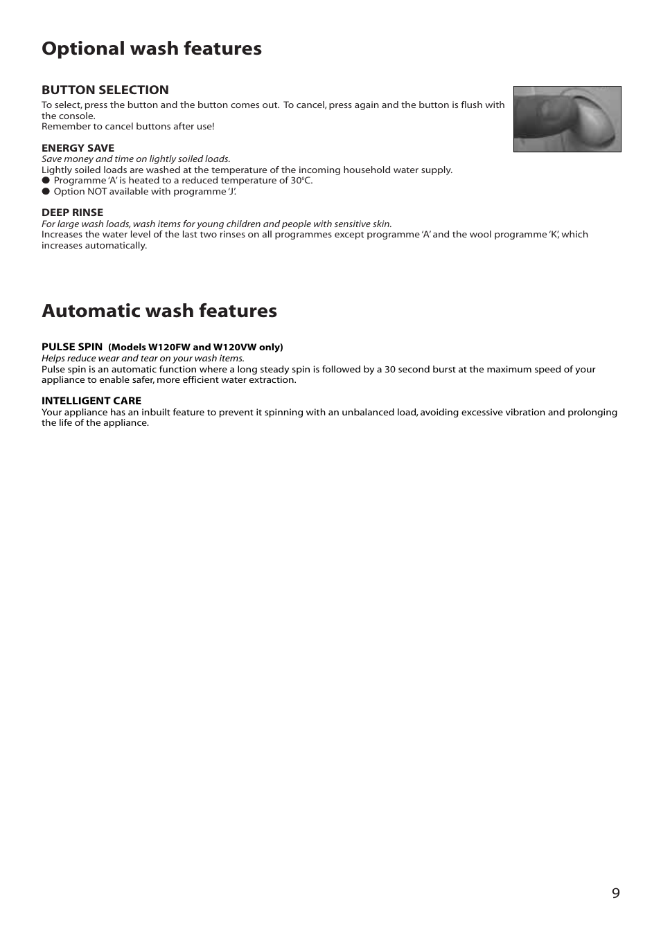 Optional wash features automatic wash features | Creda W120VW User Manual | Page 9 / 16