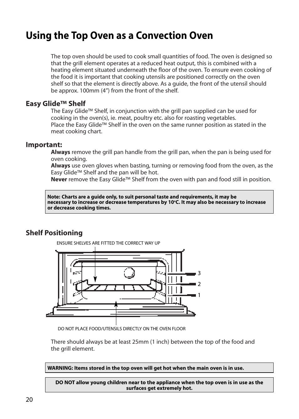 Using the top oven as a convection oven, Easy glide™ shelf, Important | Shelf positioning | Creda E430E User Manual | Page 20 / 40