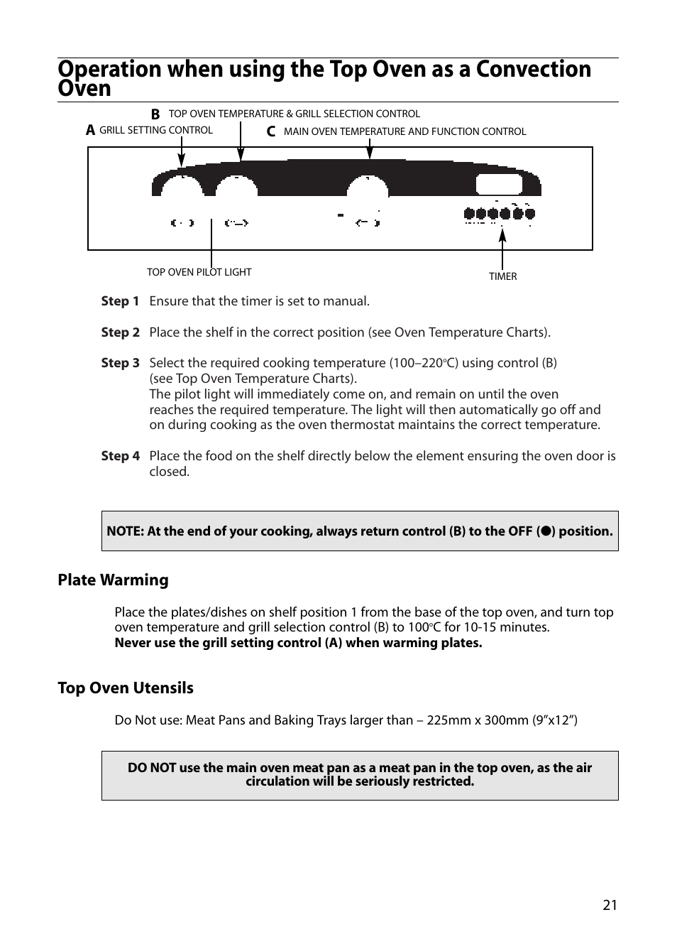 Plate warming, Top oven utensils | Creda E430E User Manual | Page 21 / 40
