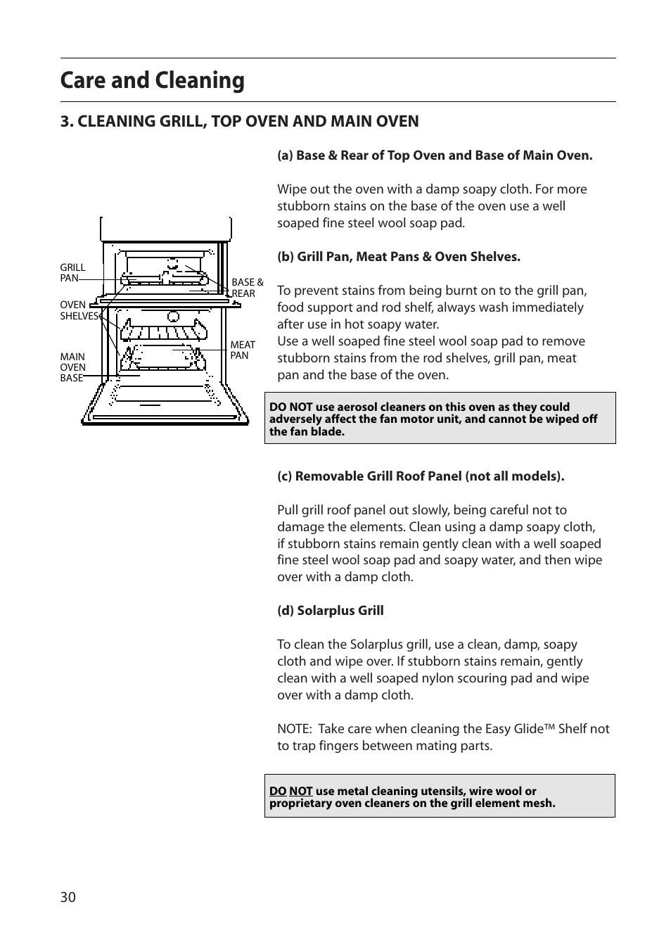 Care and cleaning, Cleaning grill, top oven and main oven | Creda E430E User Manual | Page 30 / 40