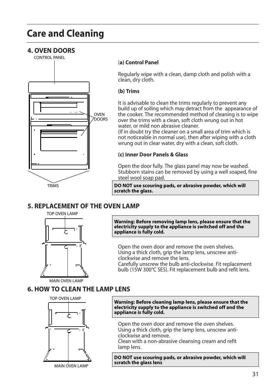 Care and cleaning, Oven doors, Replacement of the oven lamp | How to clean the lamp lens | Creda E430E User Manual | Page 31 / 40