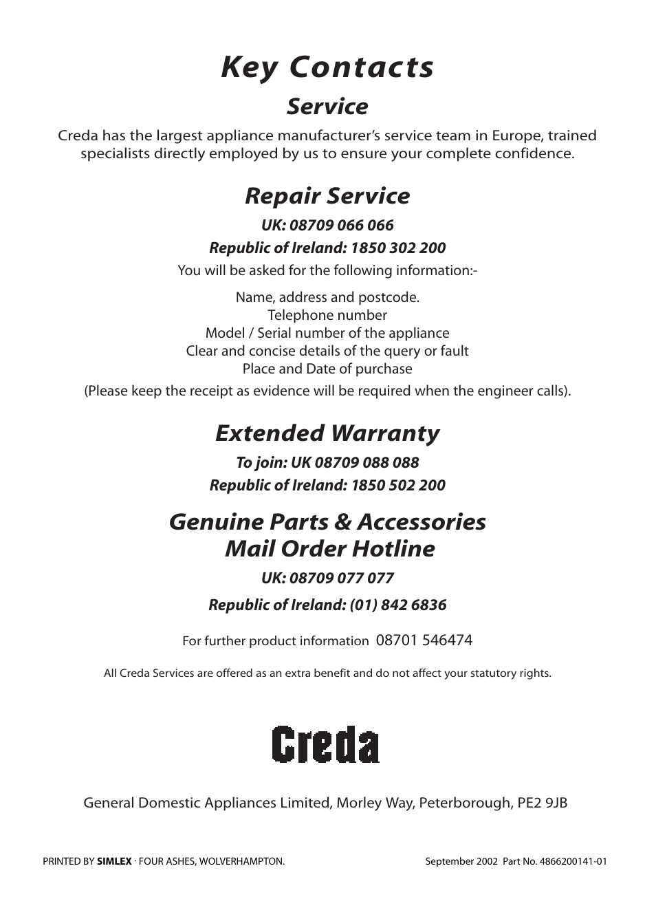 Key contacts, Service, Repair service | Extended warranty, Genuine parts & accessories mail order hotline | Creda E430E User Manual | Page 40 / 40