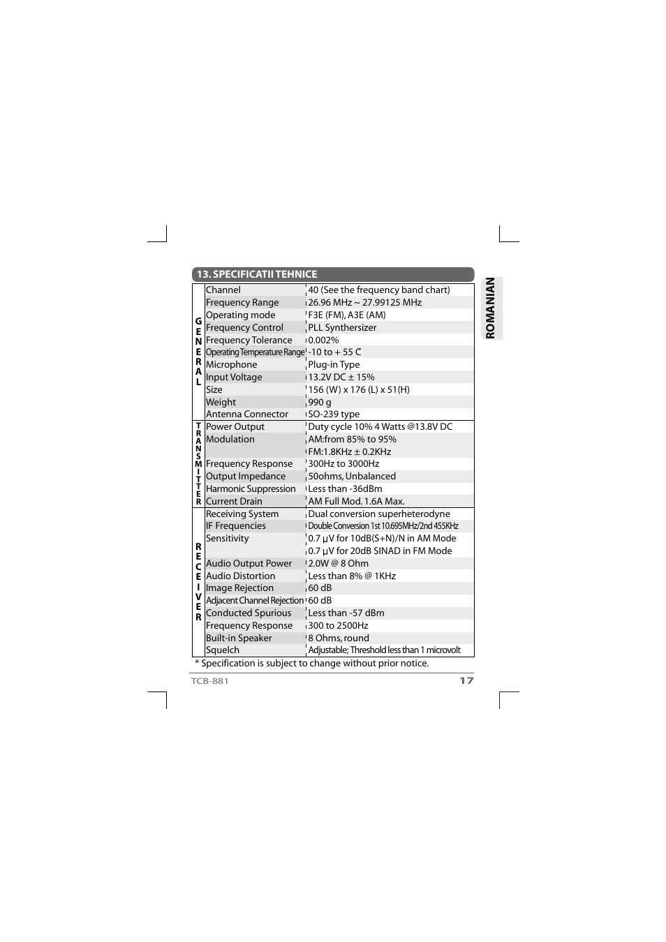 Romanian | TTI TCB-881 User Manual | Page 91 / 132