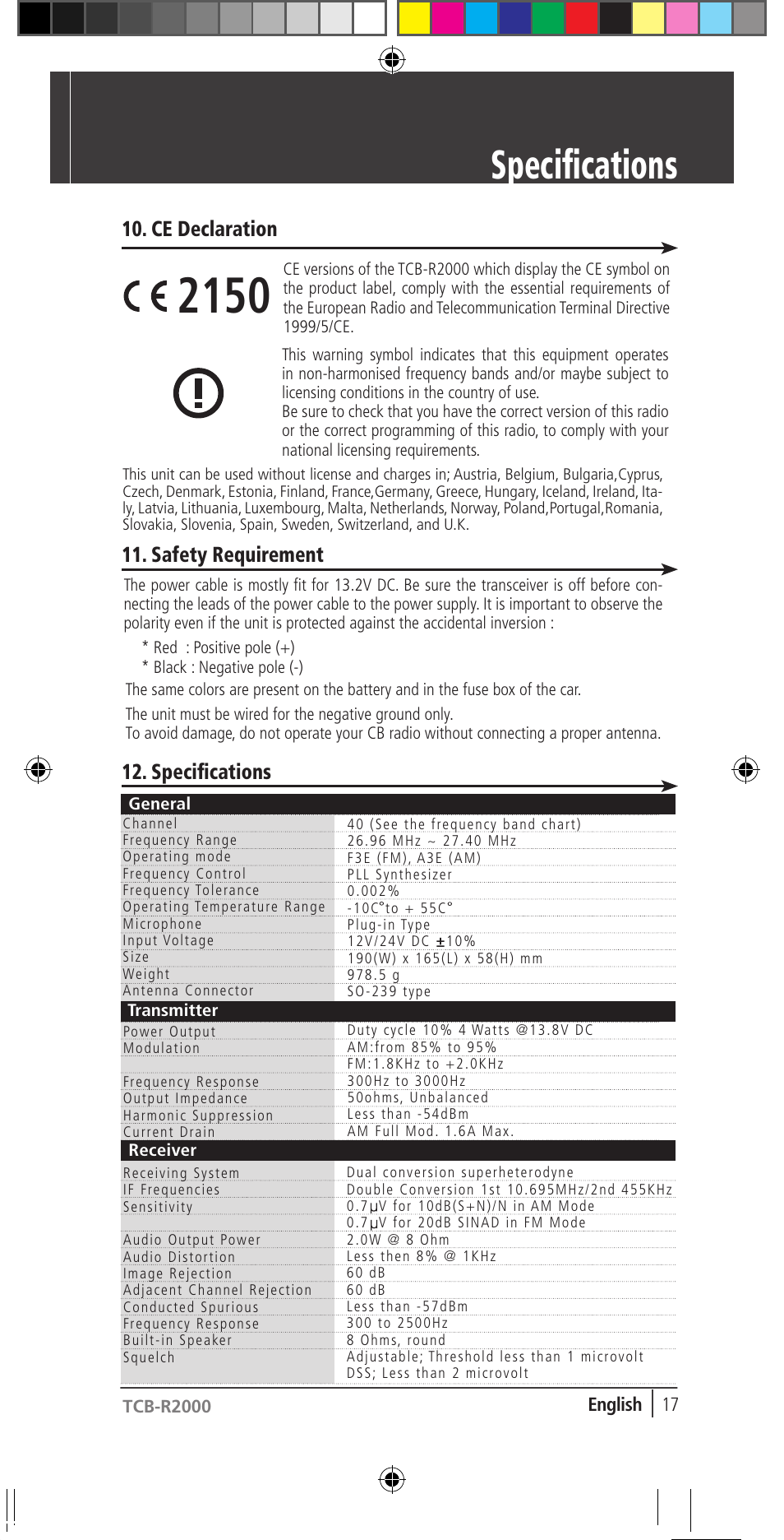 How to operate the transceiver specifications, Ce declaration 11. safety requirement, Specifications | TTI TCB-R2000 User Manual | Page 17 / 19