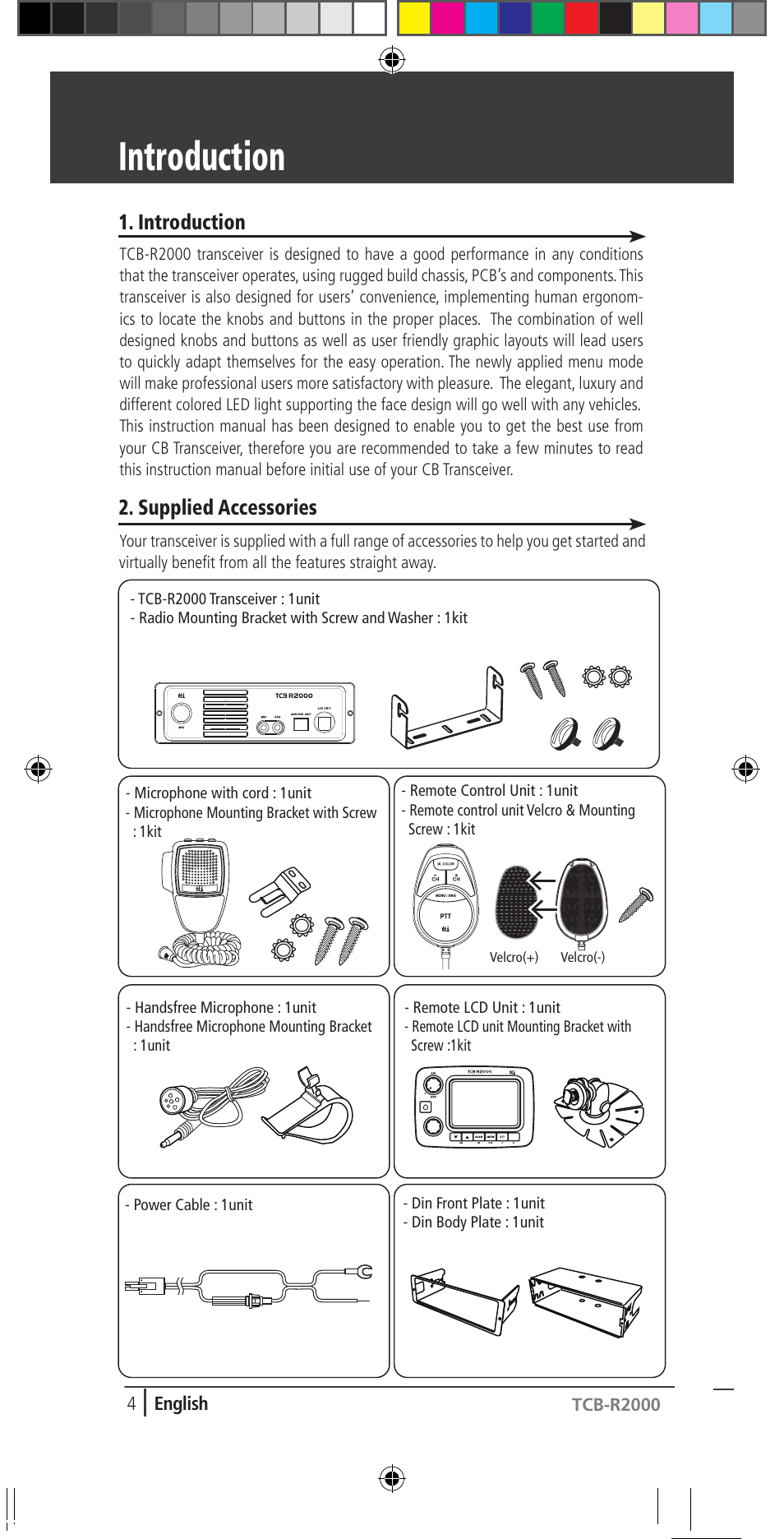 Introduction, Installation, Supplied accessories | TTI TCB-R2000 User Manual | Page 4 / 19