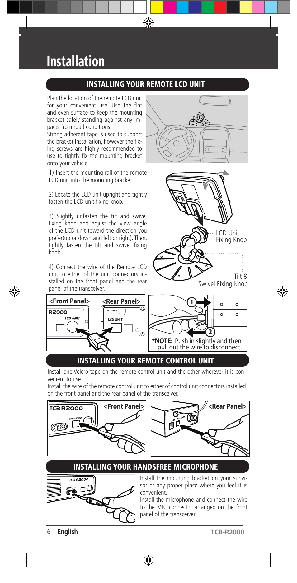 Installation, Installing your remote lcd unit, Installing your remote control unit | Installing your handsfree microphone | TTI TCB-R2000 User Manual | Page 6 / 19