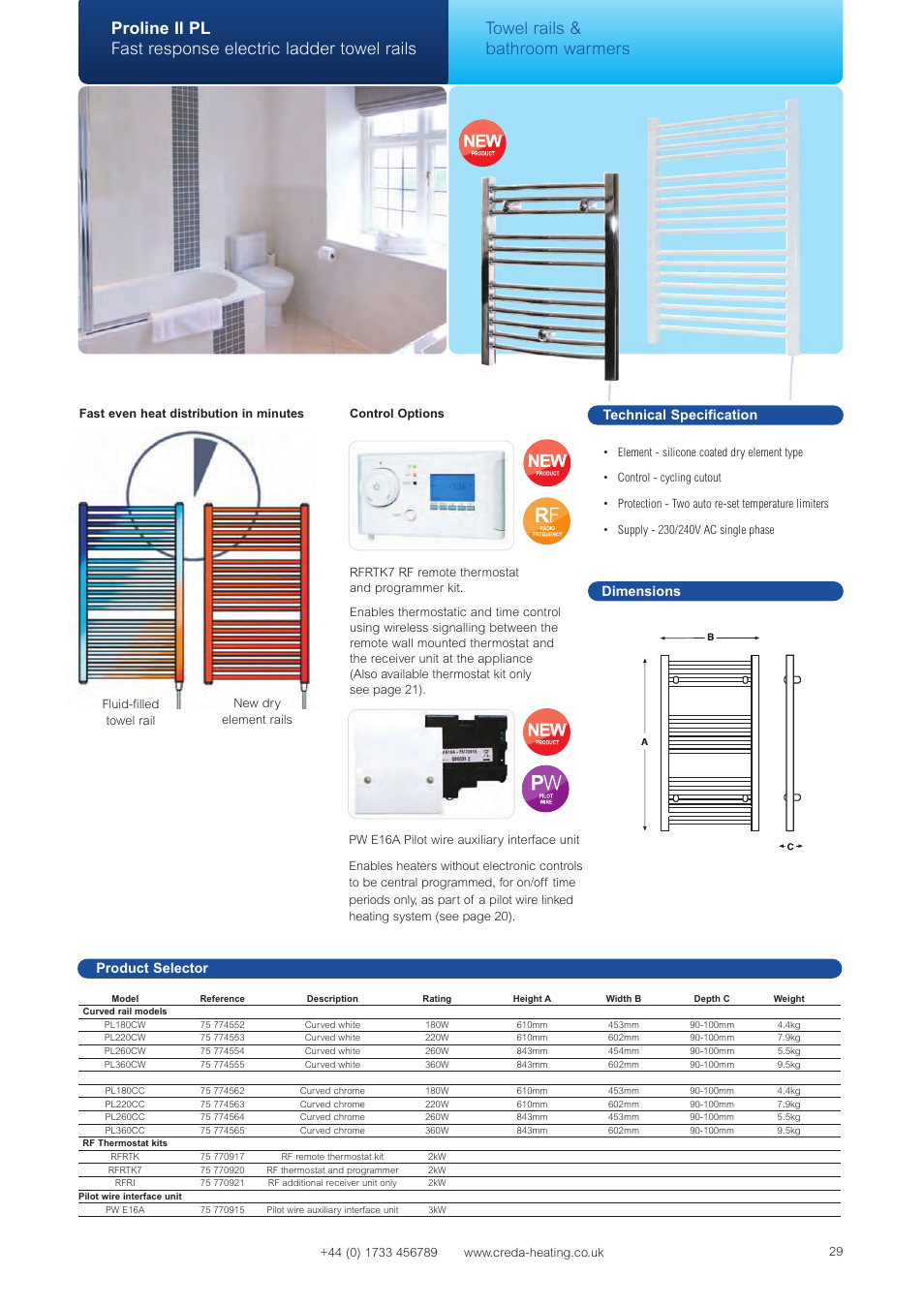 Towel rails & bathroom warmers, Technical specification dimensions, Product selector | Creda OTRC500 User Manual | Page 3 / 5