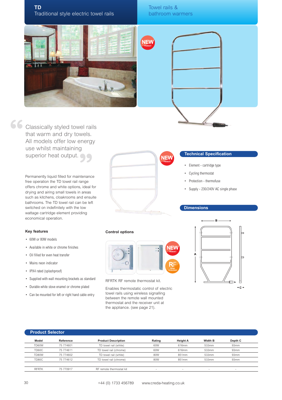 Td traditional style electric towel rails, Towel rails & bathroom warmers | Creda OTRC500 User Manual | Page 4 / 5