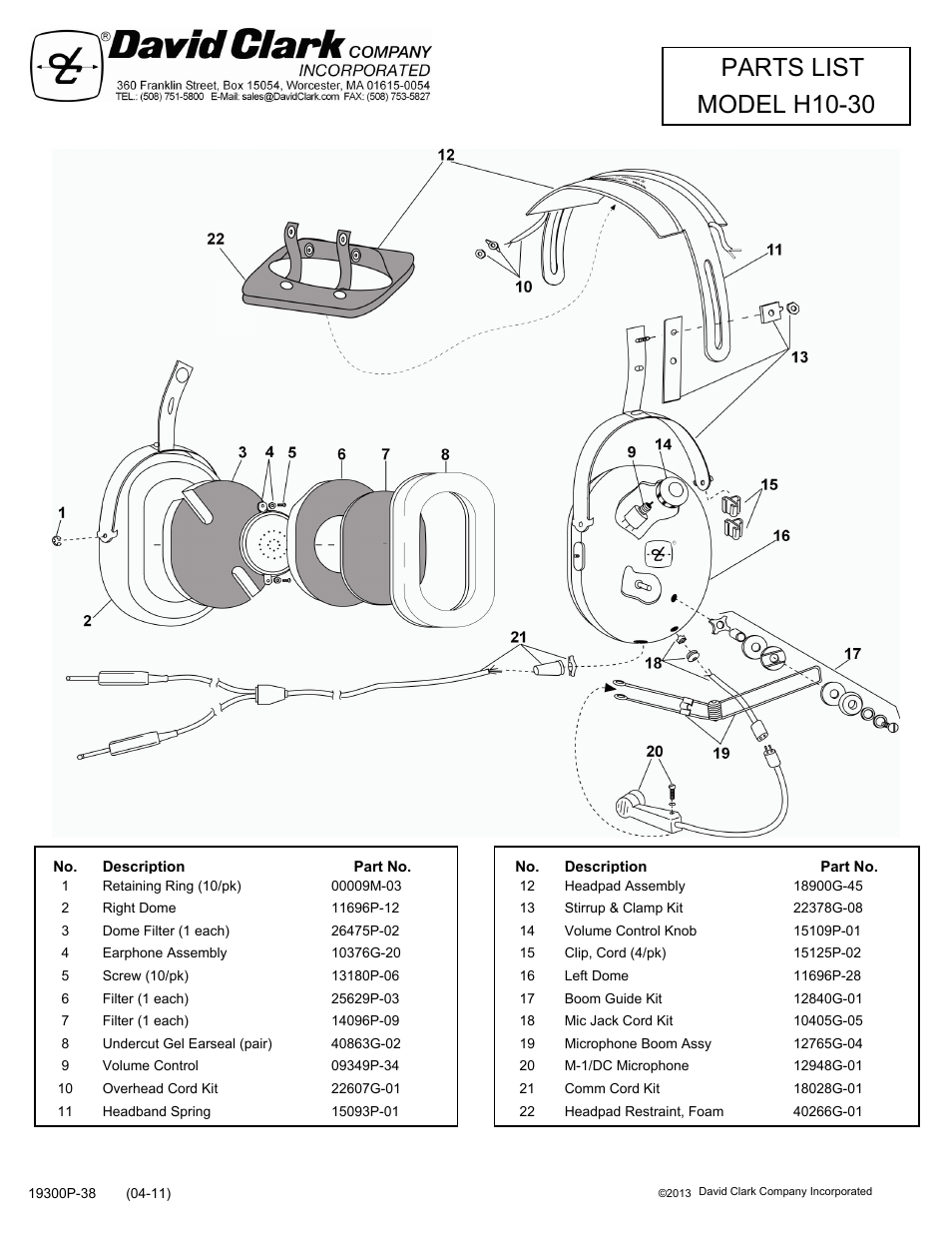 David Clark H10-30 User Manual | 2 pages