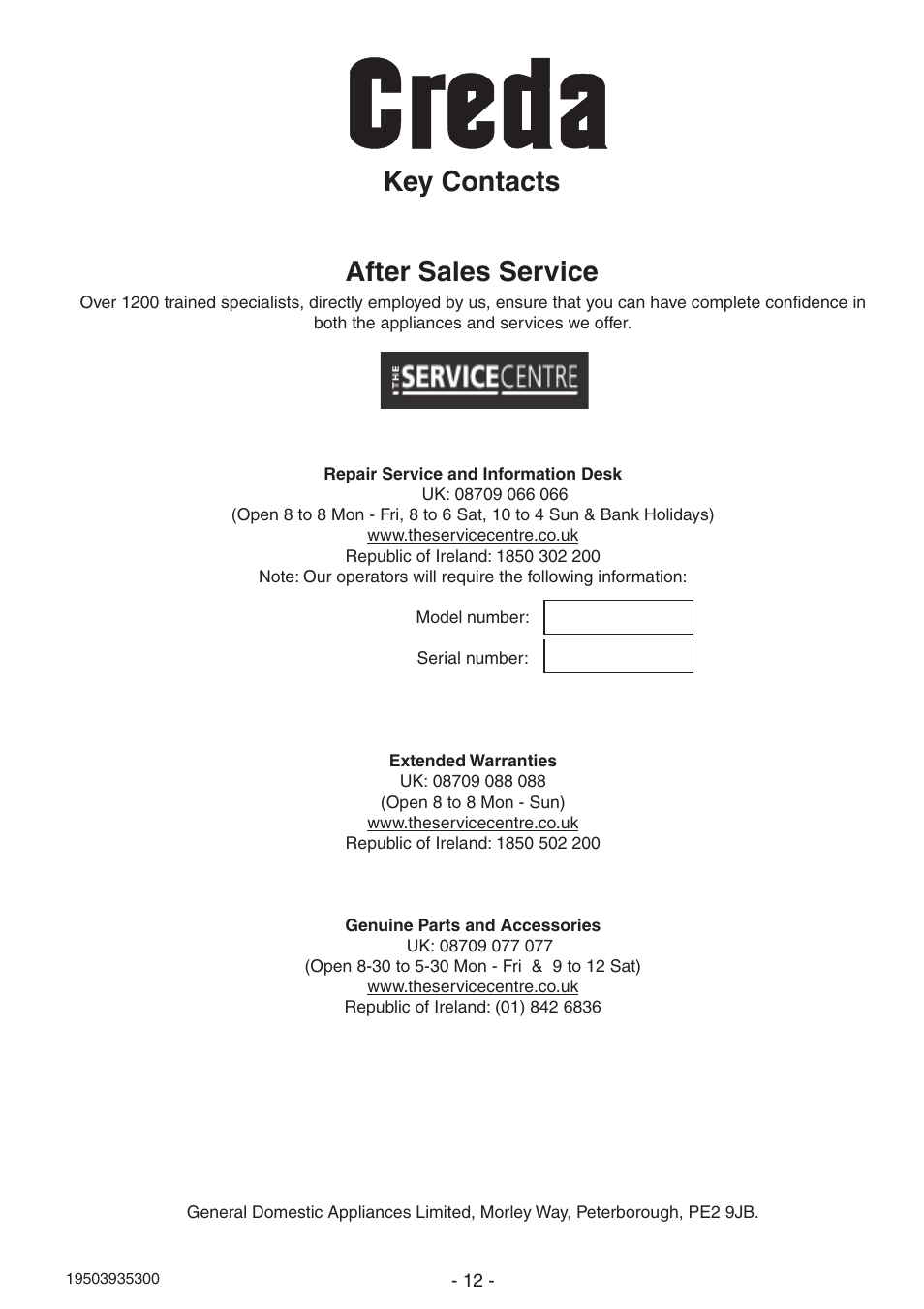 Key contacts after sales service | Creda S930E User Manual | Page 12 / 12