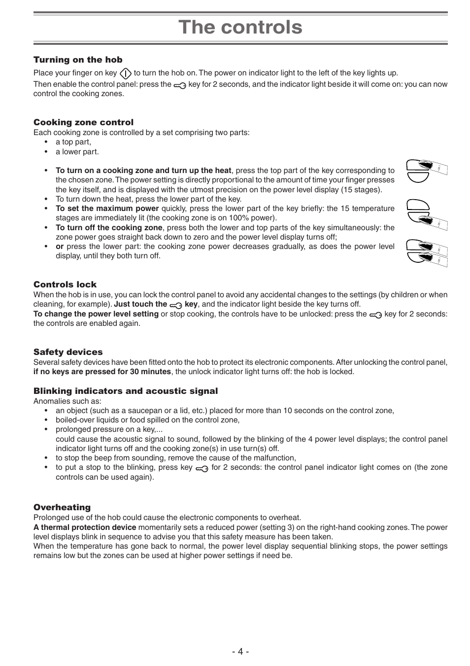 The controls, Turning on the hob, Cooking zone control | Controls lock, Safety devices | Creda S930E User Manual | Page 4 / 12