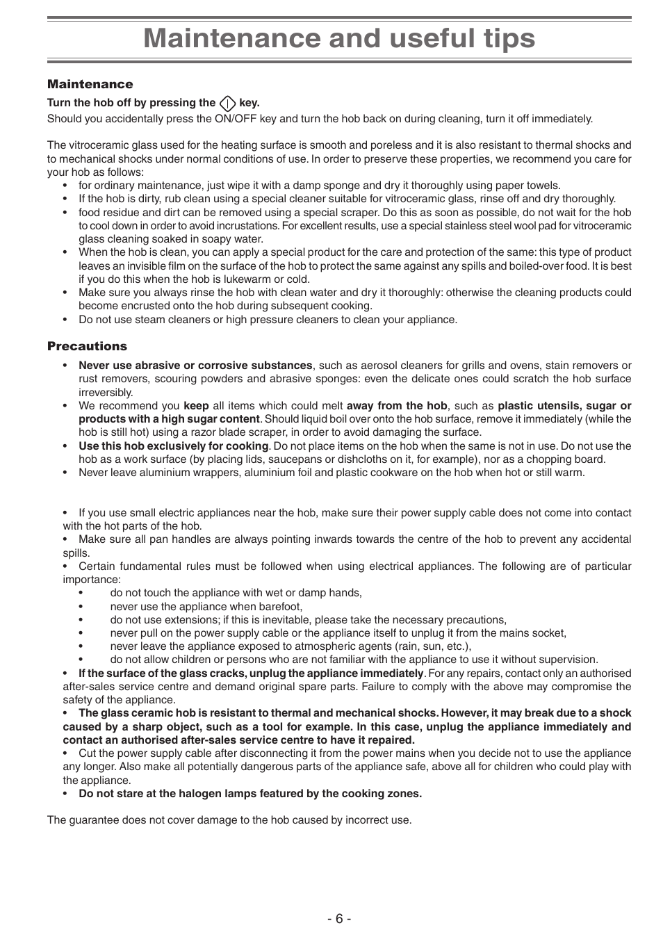 Maintenance and useful tips, Maintenance, Precautions | Maintenance precautions | Creda S930E User Manual | Page 6 / 12