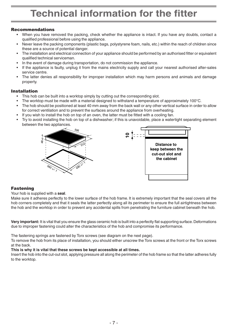 Technical information for the fitter, Recommendations, Installation | Fastening, Technical information for the fitter -9, Recommendations installation fastening | Creda S930E User Manual | Page 7 / 12