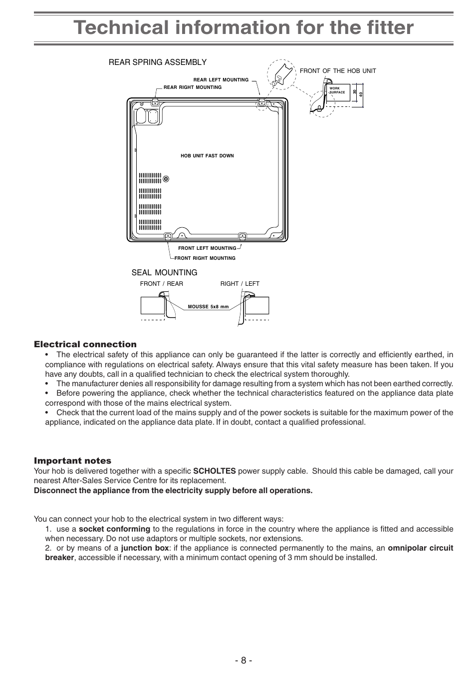 Electrical connection, Electrical connection -9, Technical information for the fitter | Creda S930E User Manual | Page 8 / 12