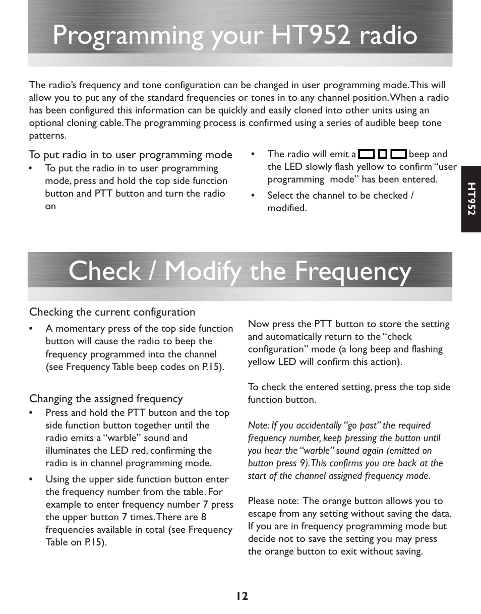 Programming your ht952 radio, Check / modify the frequency | Entel HT952 ATEX PMR User Manual | Page 13 / 29