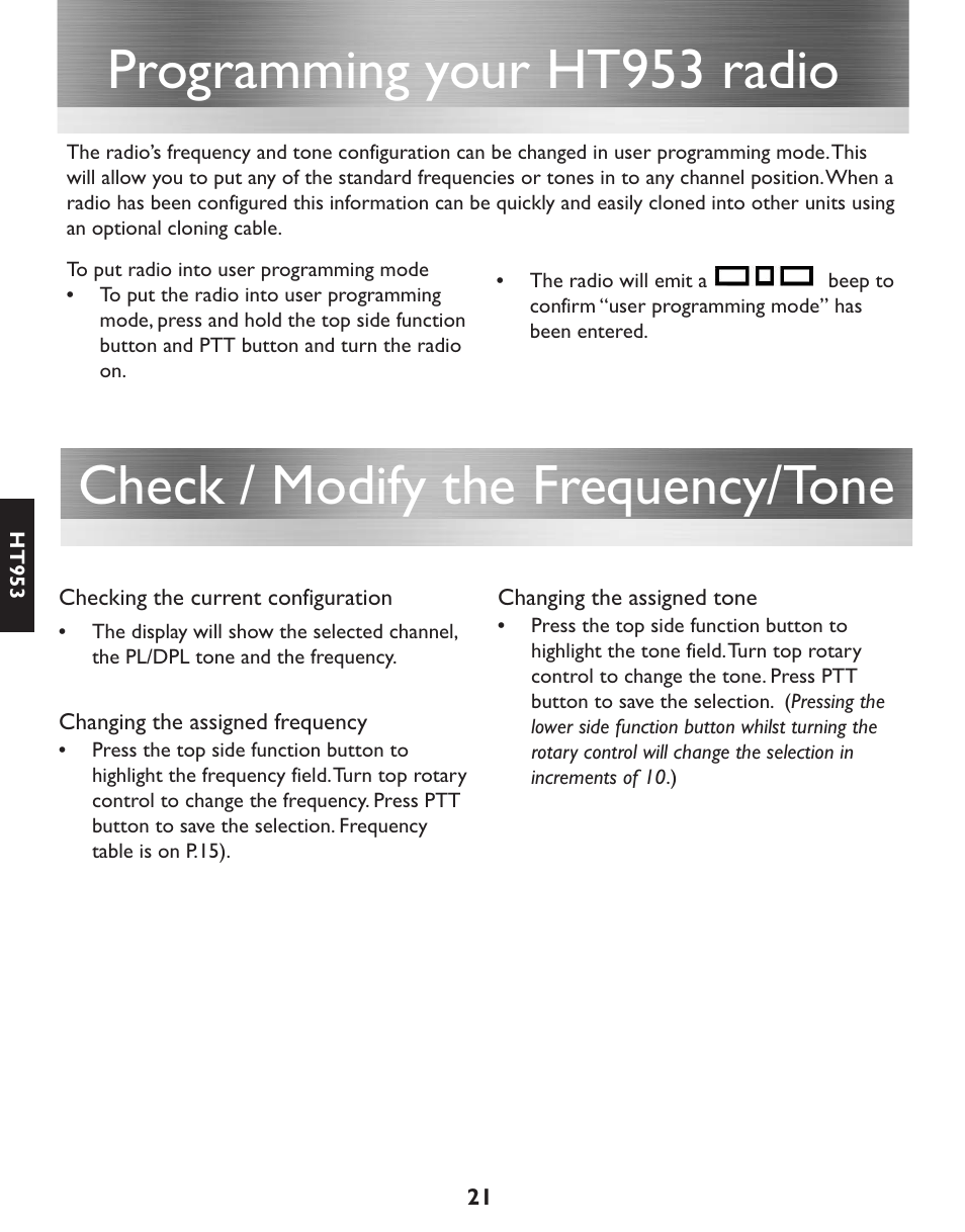 Programming your ht953 radio, Check / modify the frequency/tone | Entel HT952 ATEX PMR User Manual | Page 22 / 29